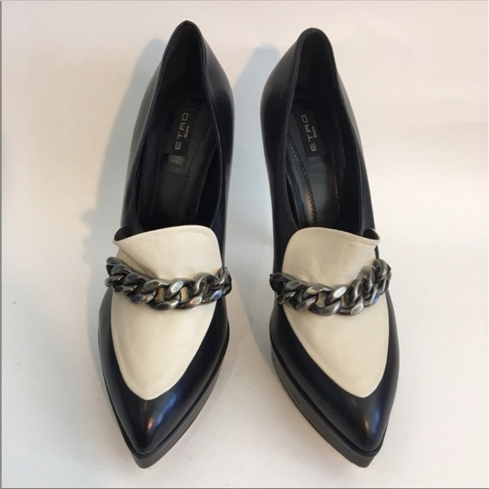Etro Black and Cream Platform Heels with Silver Chain